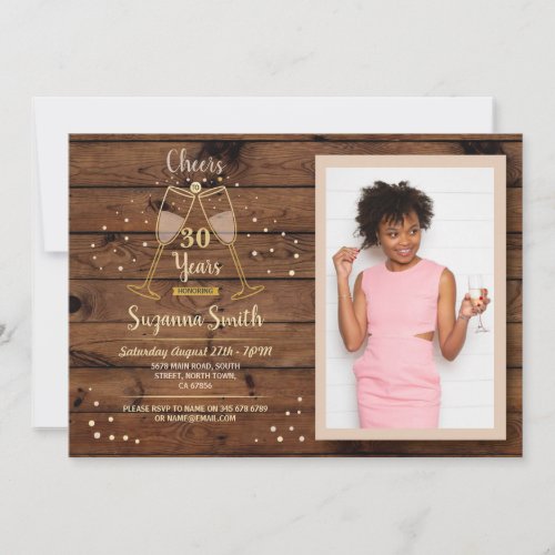 Champagne Cheers To 30 Years Birthday Wood Invitation