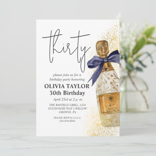 Champagne Chic Script  Modern 30th Birthday Party Invitation (Standing Front)