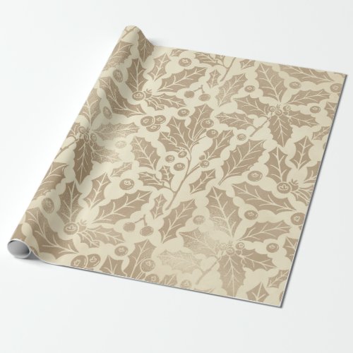 Champagne Christmas Holly Leaves and Berries  Wrapping Paper