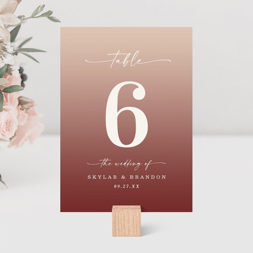 Champagne  Cinnamon Red Ombre Monogrammed Wedding Table Number