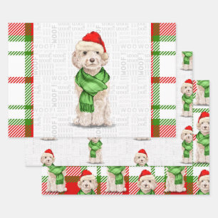 Champagne Cockapoo Christmas Dog and Plaid Wrapping Paper Sheets
