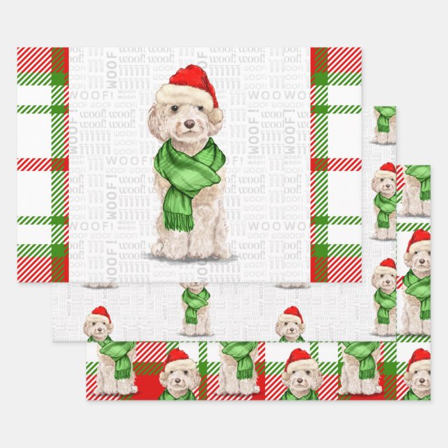 Champagne Cockapoo Christmas Dog and Plaid Wrapping Paper Sheets (Set)