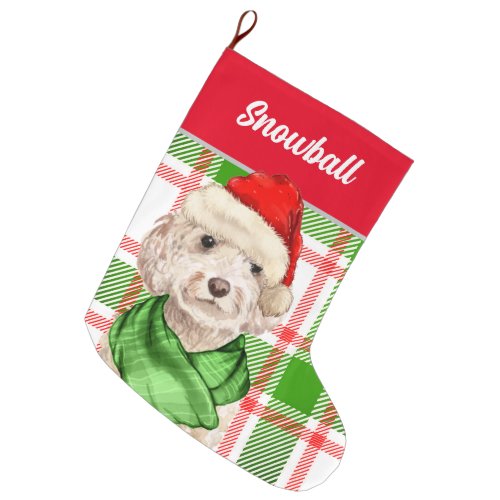 Champagne Cockapoo Christmas Plaid with Dogs Name Large Christmas Stocking