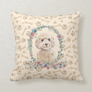 Champagne Cockapoo Dog Paw Print & Floral Cute Throw Pillow