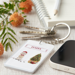 Champagne Cockapoo Funny Christmas Dog with Tree Keychain