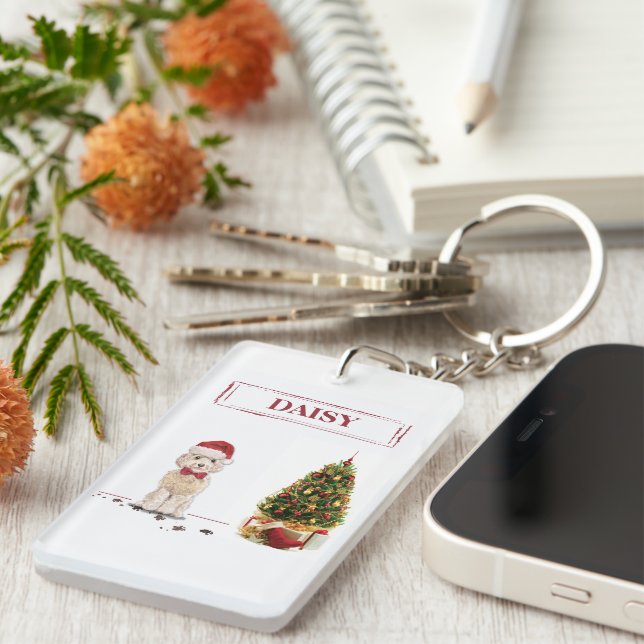 Champagne Cockapoo Funny Christmas Dog with Tree Keychain (Front Right)