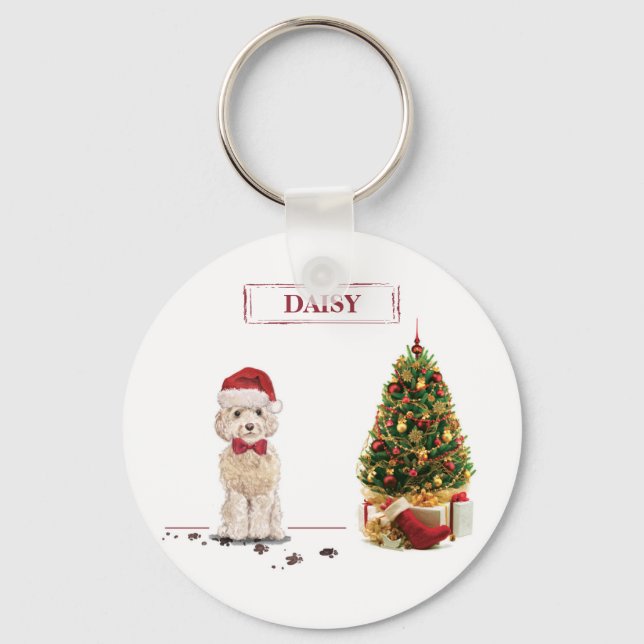 Champagne Cockapoo Funny Christmas Dog with Tree Keychain (Front)