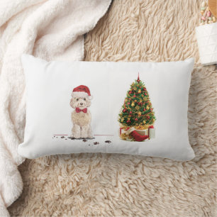 Champagne Cockapoo Funny Christmas Dog with Tree Lumbar Pillow