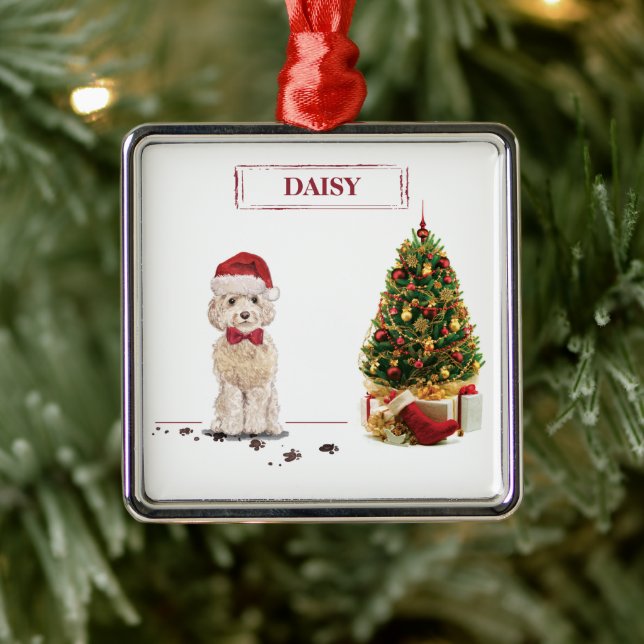 Champagne Cockapoo Funny Christmas Dog with Tree Metal Ornament (Tree)