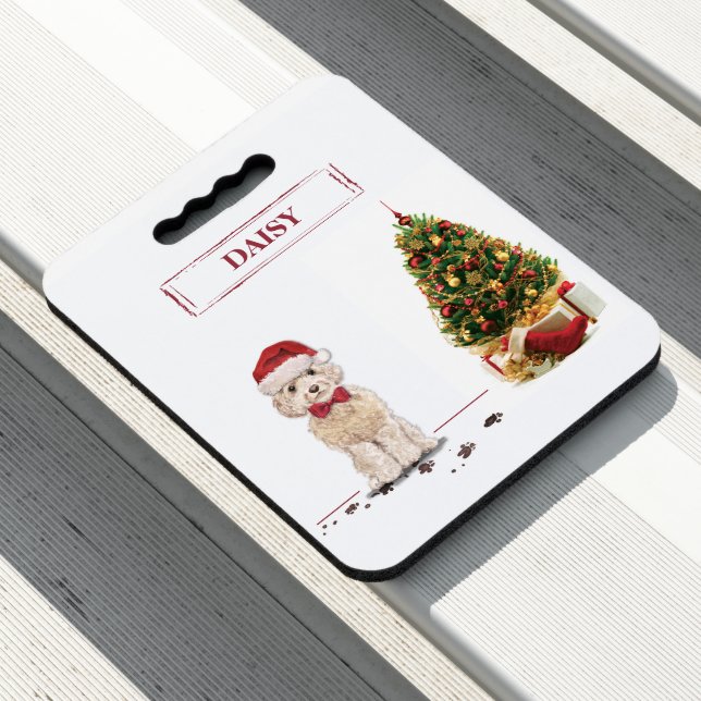 Champagne Cockapoo Funny Christmas Dog with Tree Seat Cushion (In Situ)