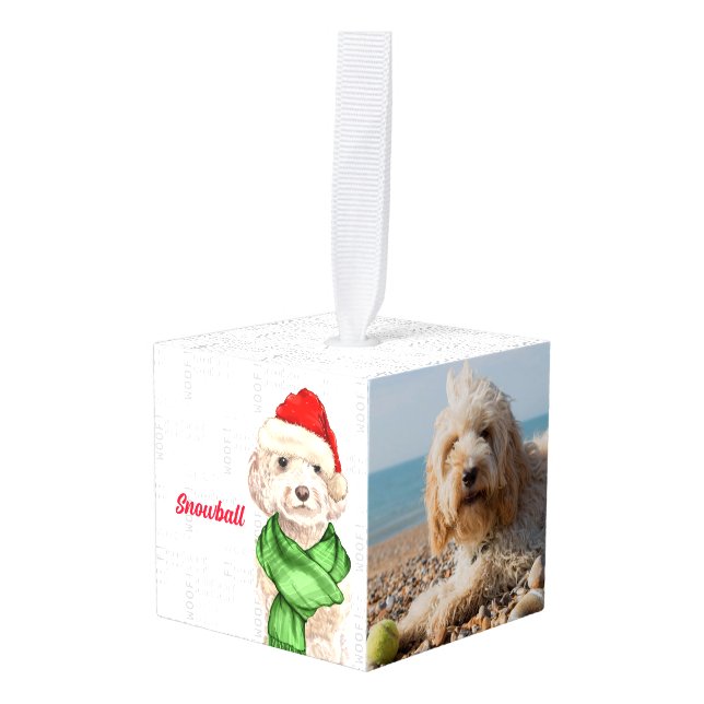 Champagne Cockapoo Two Photo Holiday Cube Ornament (Front Angled)