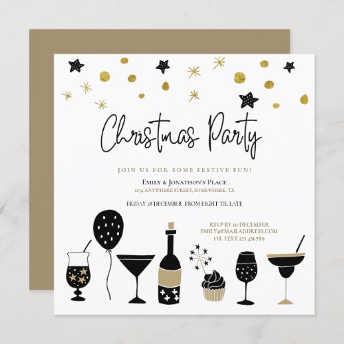 Champagne Cocktail Gold Black Christmas Party Invitation