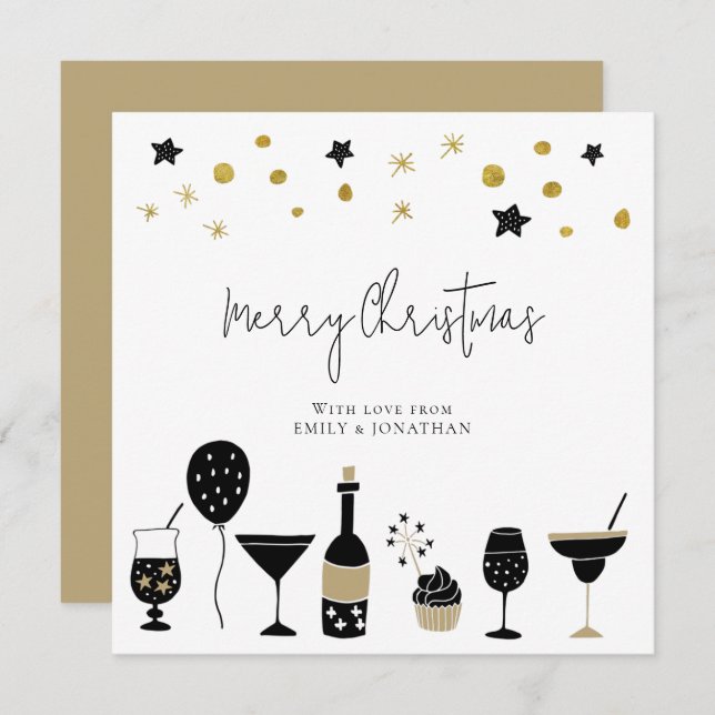 Champagne Cocktail Gold Black Merry Christmas Holiday Card (Front/Back)