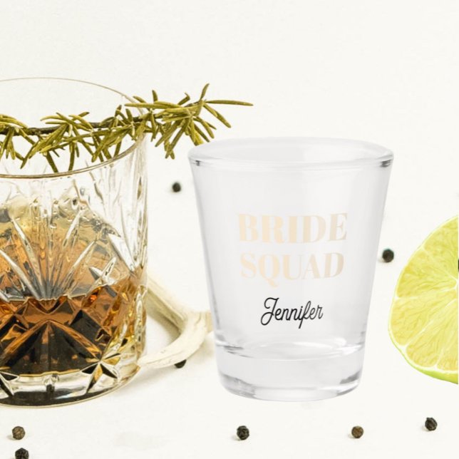 Champagne Color Wedding Bride Squad Personalized Shot Glass (In Situ)