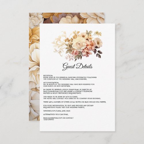 Champagne Colored Floral Wedding Guest Details Enclosure Card