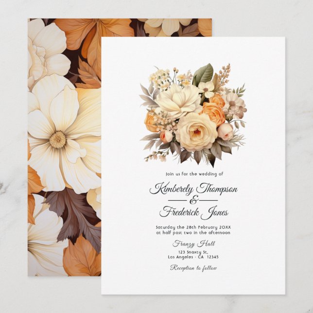 Champagne Colored Floral Wedding Invitation (Front/Back)
