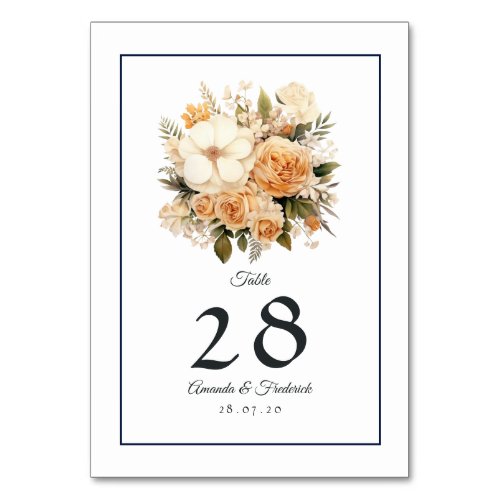 Champagne Colored Floral Wedding Table Number