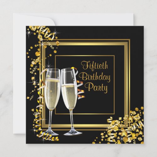 Champagne Confetti Black Gold 50th Birthday Party Invitation