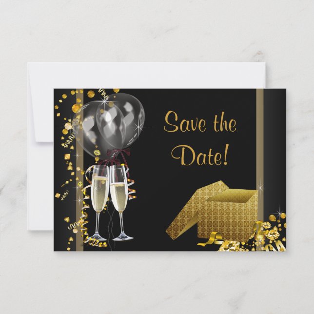Champagne Confetti Black Gold Save The Date (Front)