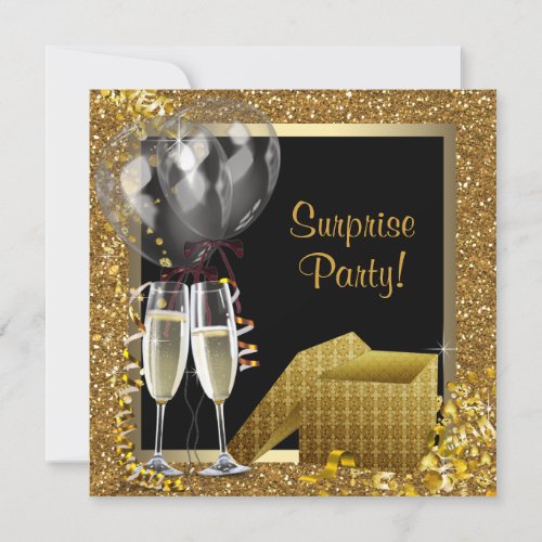 Champagne Confetti Black Gold Surprise Party Invitation