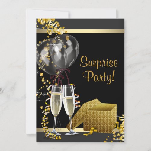 Champagne Confetti Black Gold Surprise Party Invitation