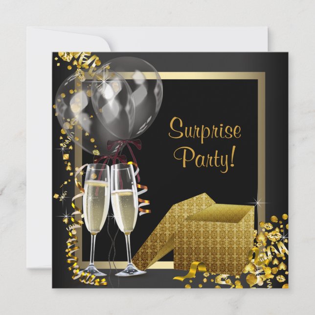 Champagne Confetti Black Gold Surprise Party Invitation (Front)