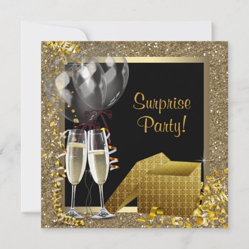 Champagne Confetti Black Gold Surprise Party Invitation