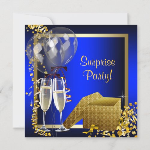 Champagne Confetti Blue and Gold Surprise Party Custom Invitations
