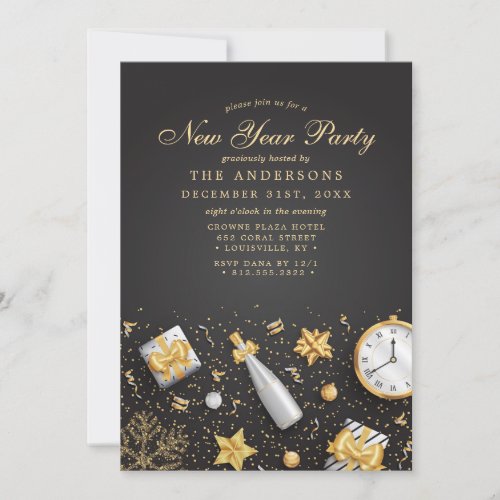 Champagne Confetti Gold Black New Year Party Invitation