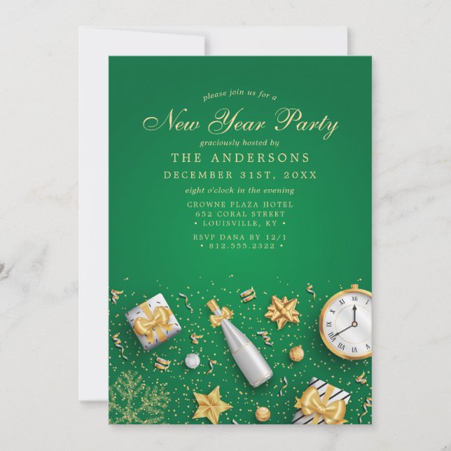 Champagne Confetti Gold Green New Year Party Invitation (Front)
