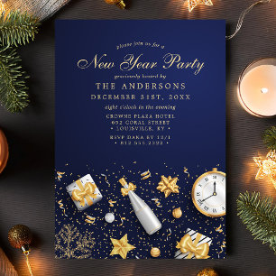 Champagne Confetti Gold Navy Blue New Year Party Invitation