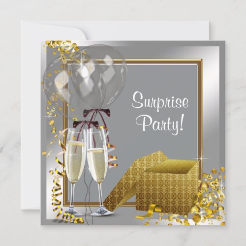 Champagne Confetti Silver and Gold Surprise Party Invitation