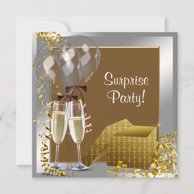 Champagne Confetti Silver Gold Surprise Party Invitation (Front)