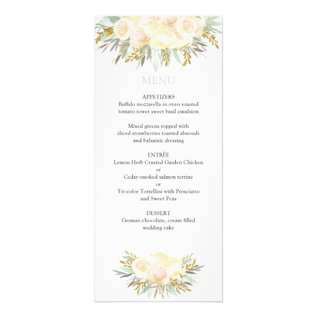 Champagne Cream and Mint Floral Wedding Menu Cards (Front)