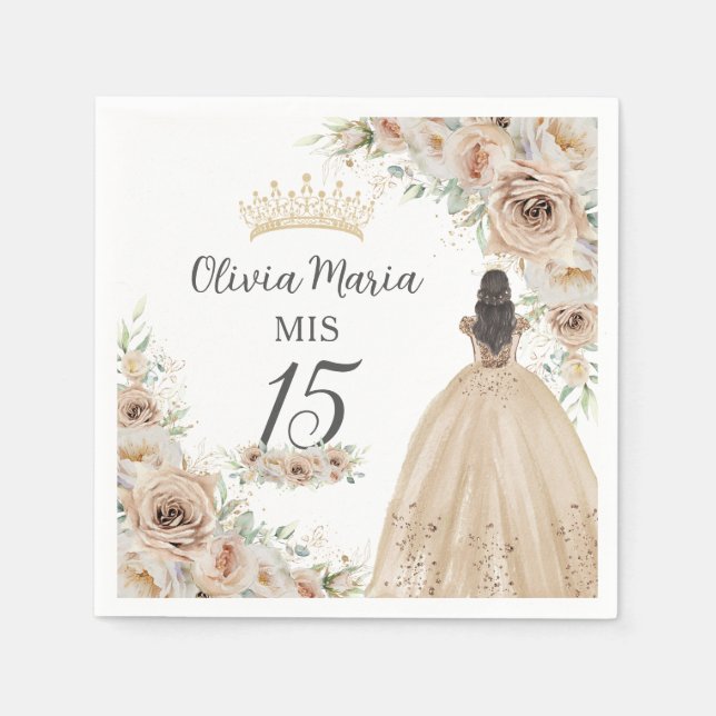 Champagne Cream Beige Floral Princess Quinceañera Napkins (Front)