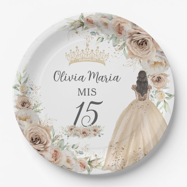 Champagne Cream Beige Floral Princess Quinceañera Paper Plates (Front)