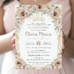 Champagne Cream Beige Floral Vintage Quinceanera  Invitation<br><div class="desc">Personalize this elegant soft champagne floral Quinceañera / Sweet 16 birthday invitation easily and quickly. Simply click the customize it further button to edit the texts, change fonts and fonts colors. Featuring beautiful watercolor champagne flowers and a champagne gold princess crown. Matching items available in store. (c) Somerset Fine Paperie...</div>