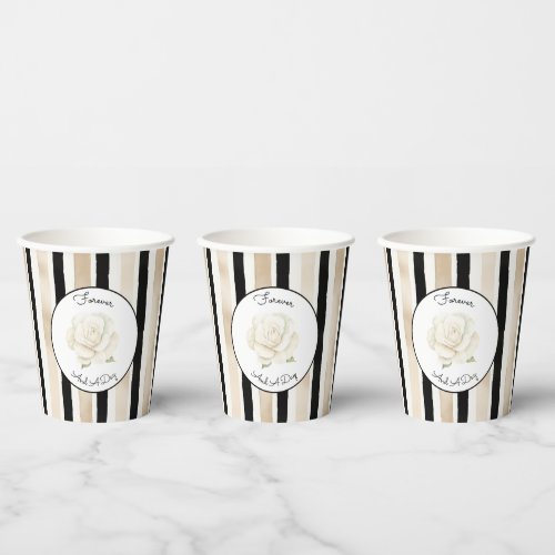 Champagne Cream Black White Rose Stripes Wedding Paper Cups