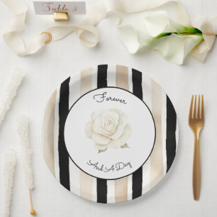 Champagne Cream Black White Rose Stripes Wedding Paper Plates