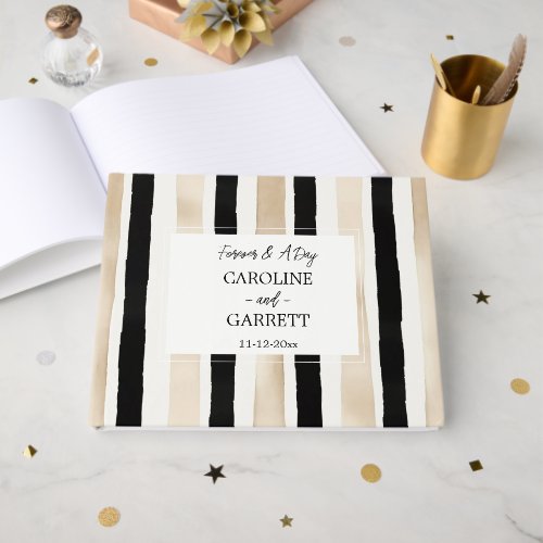 Champagne Cream Black White Stripes Wedding Guest Book