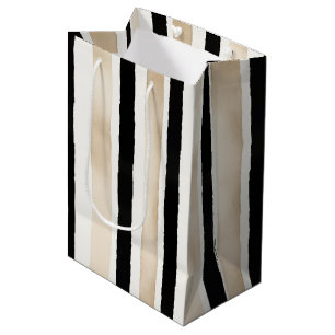 Champagne Cream Black White Stripes Wedding Medium Gift Bag