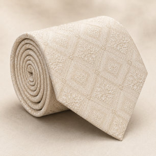 Champagne Cream Diamond Damask Royal Jacquard Neck Tie