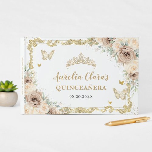 Champagne Cream Floral Butterflies Quinceaera Guest Book