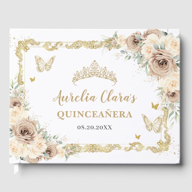 Champagne Cream Floral Butterflies Quinceañera Guest Book (Front)