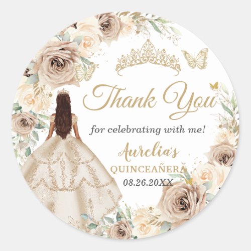 Champagne Cream Floral Dress Quinceaera Sweet 16  Classic Round Sticker