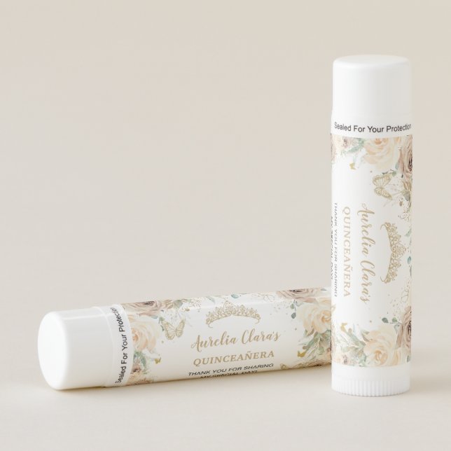Champagne Cream Floral Quinceañera Butterflies  Lip Balm (Front)