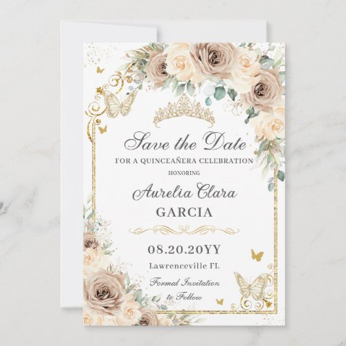 Champagne Cream Floral Sweet 16 Gold Quinceaera Save The Date
