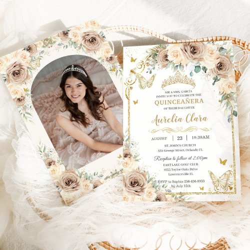 Champagne Cream Floral Sweet 16 Quinceaera Photo Invitation