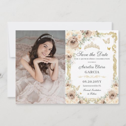 Champagne Cream Floral Sweet 16 QUINCEAERA Photo Save The Date