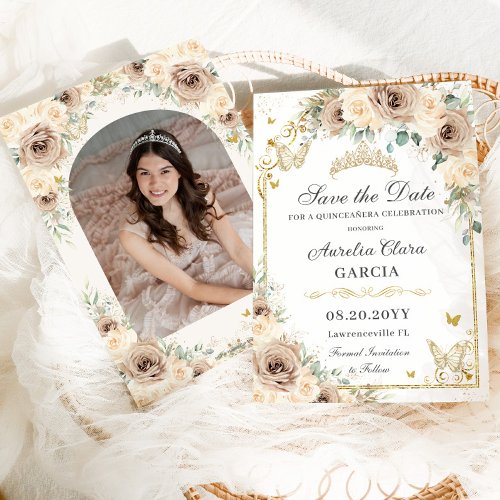 Champagne Cream Floral Sweet 16 Quinceaera Photo Save The Date